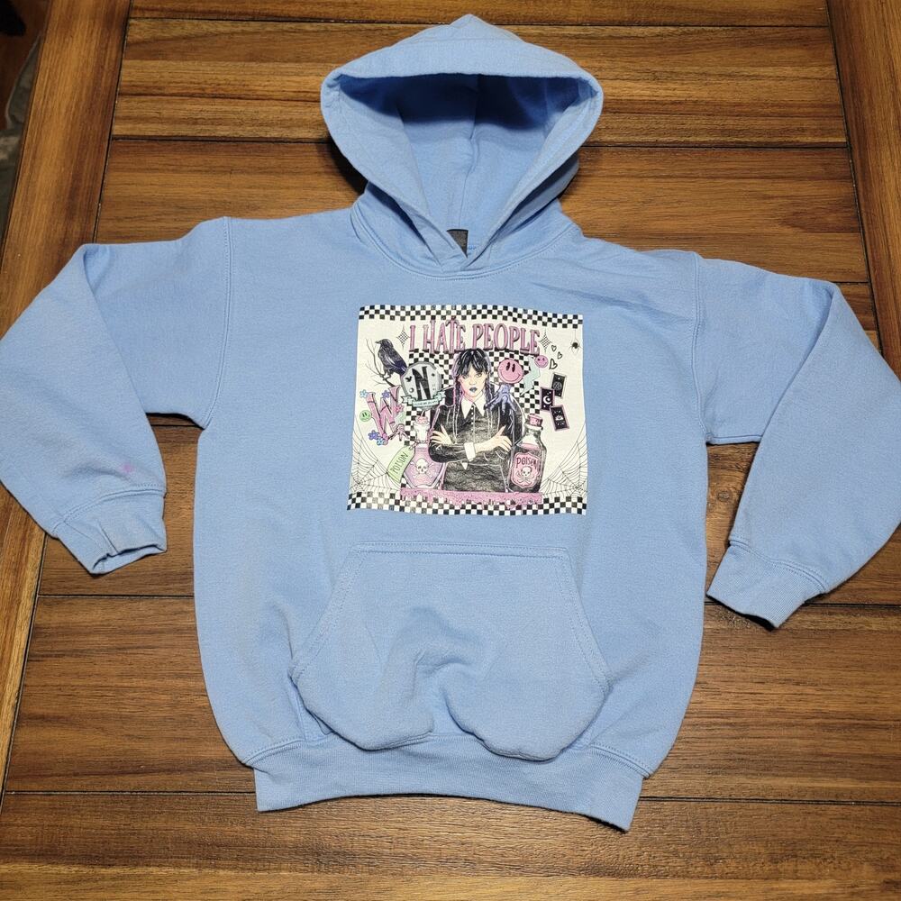 Wednesday LS Blue Youth Hoodie (Gildan) "I Hate People" - Size Y Small